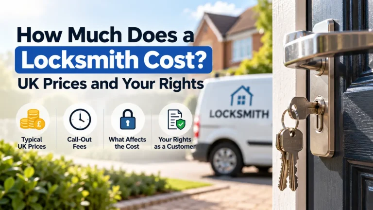 Front door lock and keys illustrating UK locksmith costs, call-out fees and customer rights.